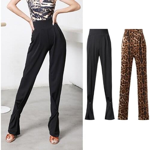 New Latin Dance Pants Women High Waist Wide Leg Black/Leopard Latin Practice Trousers Cha Cha Ballroom Dance Clothes DNV15012