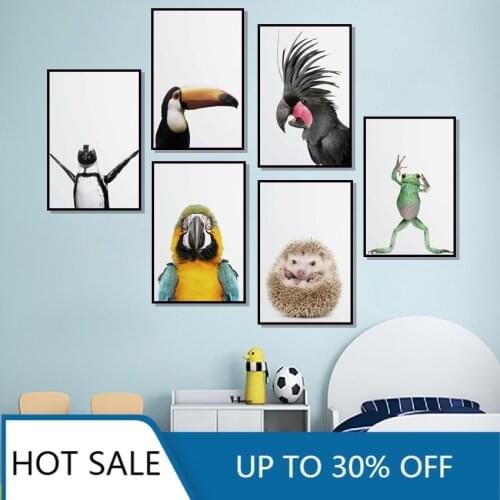 Room Decor Cute Parrot Frog Hedgehog Penguin Bird Nordic Posters and Prints Wall Art Canvas Painting Wall Pictures Decoration