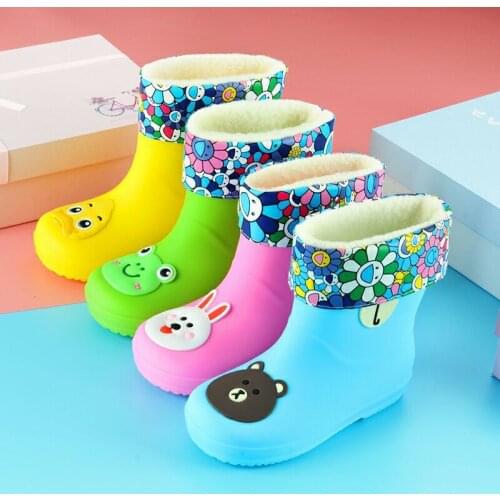 Kids Fashion Cartoon Rain Boots Girls Boys children shoes Rainboots Loverly Waterproof Overshoes Cotton Winter Warm Water Shoes