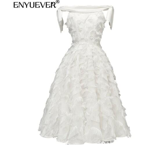 Enyuever Elegant Tassel Dress Women Clothing Strapless Off Shoulder Holiday Wear Short White Evening Party Dresses