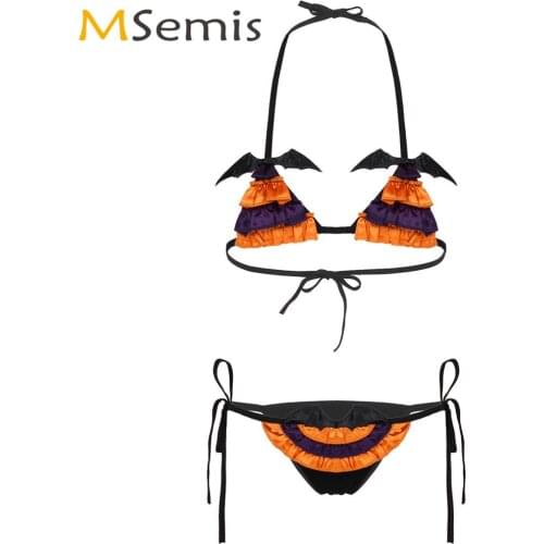 Hot Womens Devil Bikini Lingerie Set Halloween Erotic Cosplay Pumpkin Costumes Halter Bra with G-string Briefs Naughty Role Play