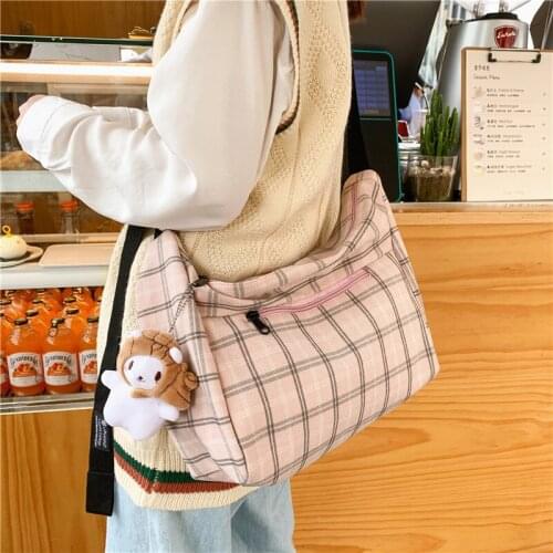 PURFAY Canvas Checked Women Shoulder Bag Girl Tote Shopper Bag Eco Reusable Travelling bag Cloth Messenger Bag