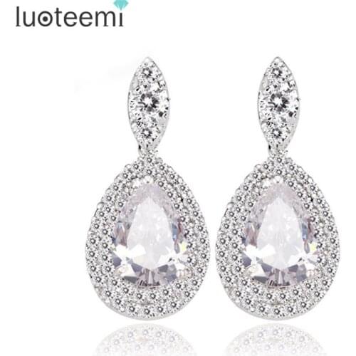 LUOTEEMI Hot Sell! Pure Clear Cubic Zirconia Tear Drop Earrings Bridal Wedding Jewelry for Women White Gold-Color Wholesale