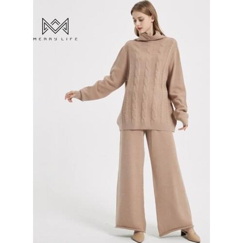 MERRYLIFE Women Cable Knit Turtleneck High Collar Pullover And Sweater Pants Sets Loose Style Chunky Sweater Suits For Winter