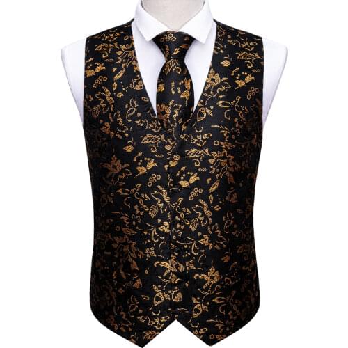 Men Gold Waistcoat Silk Vest For Men Jacquard Floral Tie Hanky 4PC Set Formal Business Party Male Jacket Barry.Wang Designer