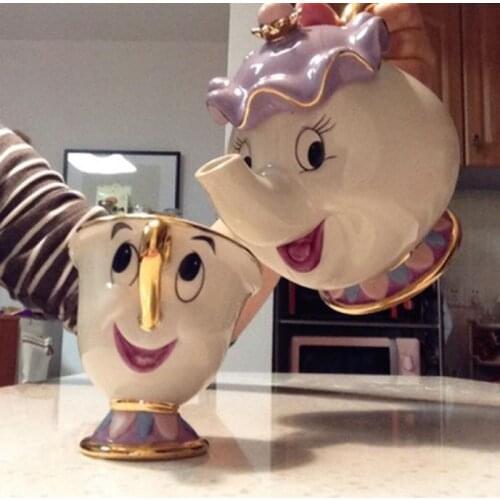 Cartoon Beauty And The Beast Teapot Mug Mrs Potts Chip Cogsworth Tea Pot Cup Set Porcelain Gift 18K Gold-plated Painted Enamel