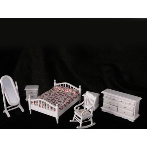 6Pieces 1:12 Scale Dollhouse Miniature Furniture Set White Wooden European Retro Bedroom Accessories Kids Pretend Play Toys