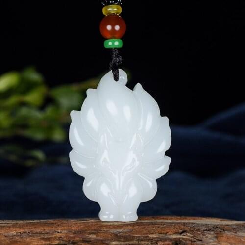 Chinese White Jade Nine Tailed Fox Pendant Necklace Charm Jewellery Fashion Accessories Hand-Carved Woman Amulet Sweater Chain