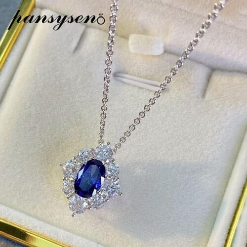 PANSYSEN Vintage 100% 925 Sterling Silver 6*9MM Oval Created Moissanite Sapphire Gemstone Pendant Necklaces Women Fine Jewelry