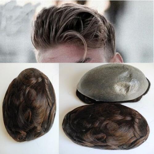 Dark Brown #4 color Skin PU Men Toupee 0.02mm-0.04mm Full PU Hair Prosthesis Male Wig Remy Human Hair Transparent Toupee Men