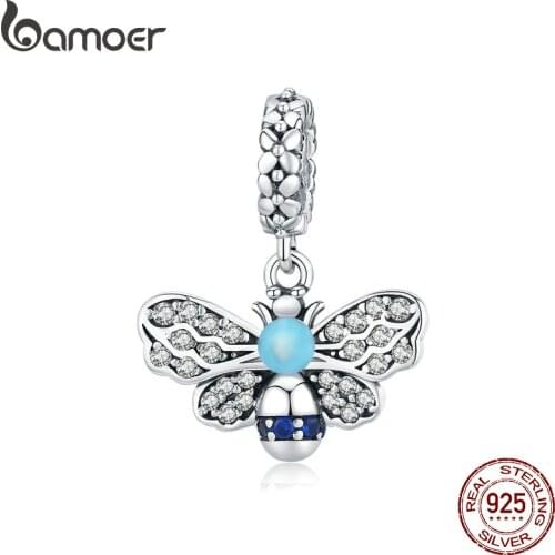 Bamoer Insert Series Genuine 925 Sterling Silver Blue Enamel Bee Pendant Charm for Bracelet or Necklace Fine Jewelry SCC1480