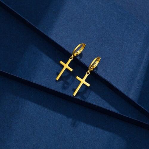 24k Gold Drop Earrings for Women Retro Simple Yellow Gold Cross Earrings for Wedding Engagement Fine Jewelry kolczyki damskie