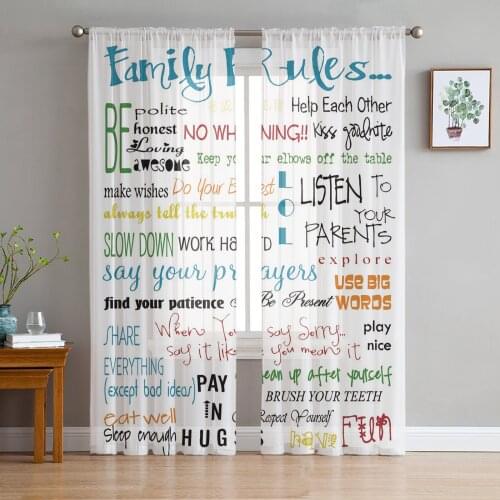Family Rules Cartoon Art White Sheer Curtains for Living Room Bedroom Kitchen Tulle for Windows Voile Yarn Curtains for Bedroom