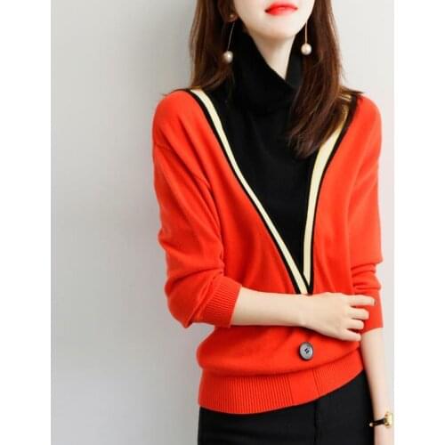 Sweater womens 2021 spring, autumn and winter womens tops fashion commuter high collar contrast color stitching V-neck sweater