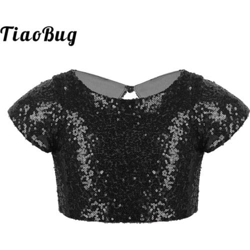 TiaoBug Kids Girls Cap Sleeves Sparkly Sequins Keyhole Back Crop Tops for Jazz Gymnastics Ballet Stage Performance Dance Costume