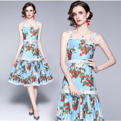 2021 Vintage Fashion Floral Summer Strap Casual Midi Dress Lace Patchwork Ruffles Sundresses Retro Streetwear Zaful Elbise Za