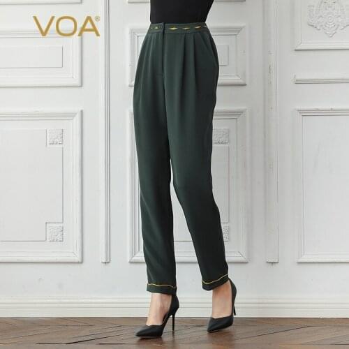 VOA Dark Green Diamond Hollow-out Striped Mid-Waist Autumn Long Silk Casual All-match Tapered Pants K785