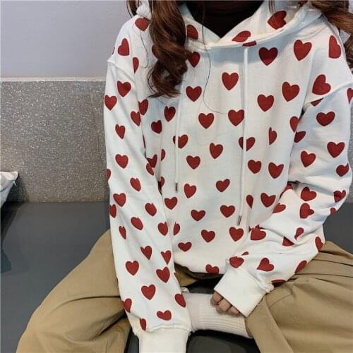 Sweet heart-shaped hoodie Harajuku Preppy Style casual cute womens hooded sweatshirt winter new fashion loose vintage hoodie