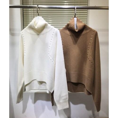 New ladies fashion 2021 long sleeve sexy casual rivet high neck cashmere sweater 1102