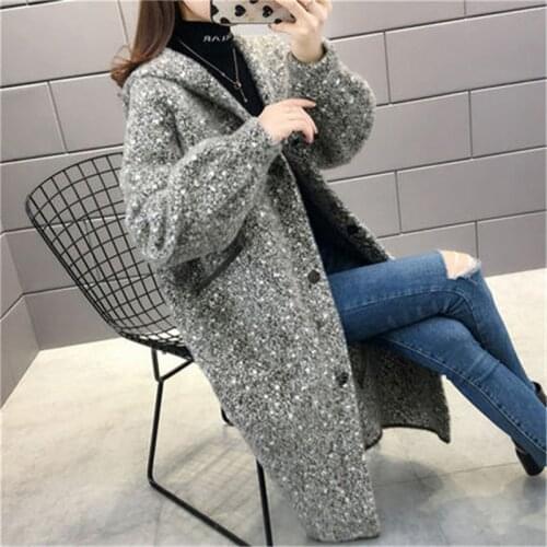 2020 New Style Fashion Mink Fleece Sweater Women Cardigan Mid-length Hooded Jacket Autumn Winter Womens Wool Coat Overcoats 679