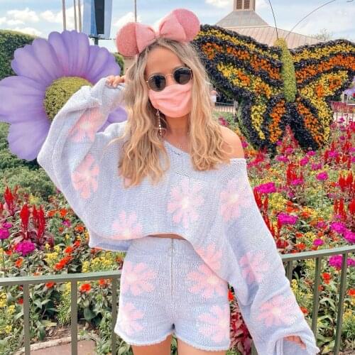 Knitted Womens 2 Piece Sets Outfits Casual Pink Floral Sweet Oversized Y2K Sweater Suit With Shorts For Women 2021 Tracksuit