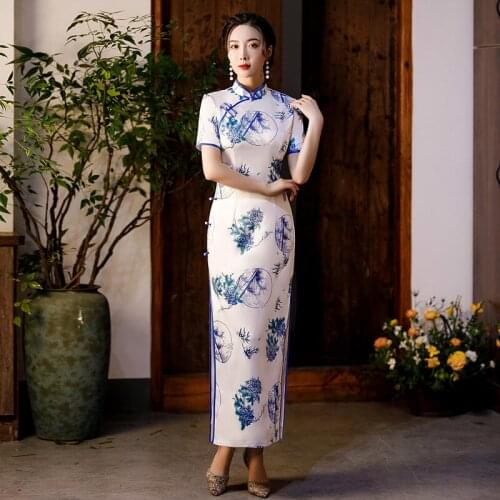 Double Satin Floral Printed Qipao Women Sexy Slim Mandarin Collar Evening Cheongsams Vintage Button Oriental Chinese Dress
