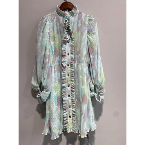 Ladies 2021ss Puff Sleeve Ruffle Colorful Printed Short Mini Dress