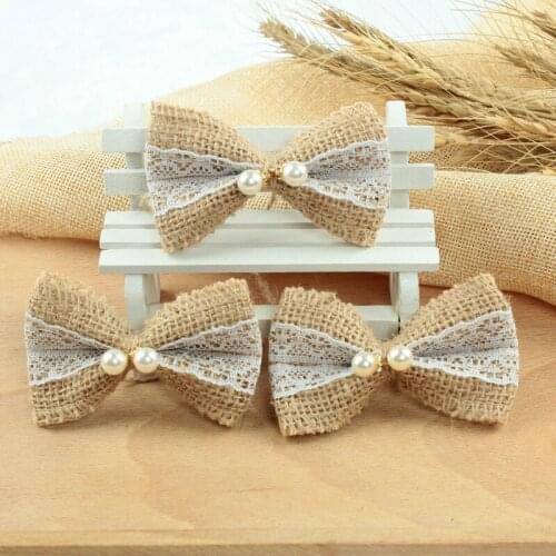 5pcs Jute Burlap Hessian bow with Artificial bead rustic wedding decoration centerpieces christmas new year decoration