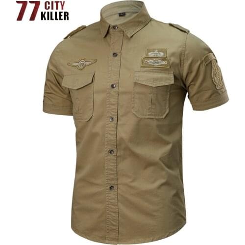 77City Killer 5XL 6XL Summer Military Shirt Men 100% Cotton Short Sleeve Army Shirts Male Air-Force Tactical Badge Chemise Homme