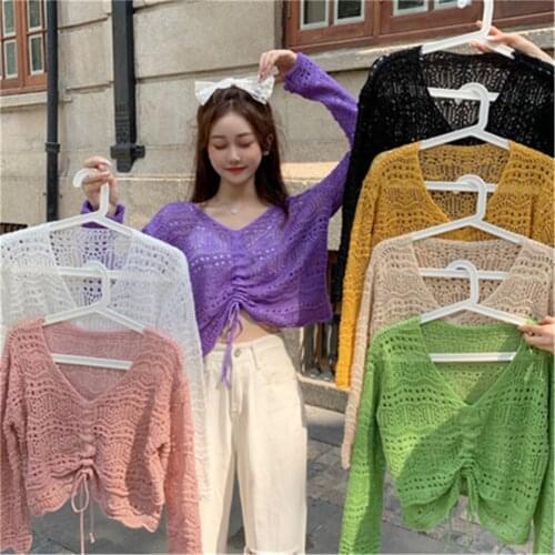 8 Colors Long Sleeve Hollow Out Sweater Women Thin Slim Tops Wild Korean Sweet Candy Color Knit Fashion Pullovers female ZY4766