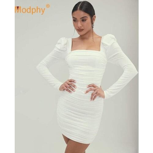 Free Shipping White Elegant Women Dress Sexy Folds Long Sleeve Pleated Bodycon Mini Dress Club Evening Party Vestidos 2021 New