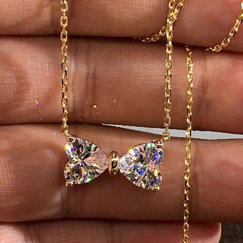 18K Yellow Gold Women Pendants Necklaces Moissanite Diamond 0.5 1 2 3 4 5 Carat Heart Bowknot Wedding Engagement Party Gift
