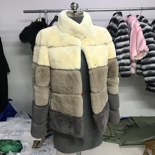 CNEGOVIK Winter new splicing Jacket 100% high quality Rex Rabbit Fur Coat Outwear Classic Stand Collar