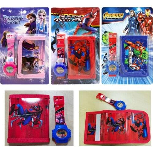 Disney Spider-Man Frozen Childrens Watch + Wallet Set Iron Man Childrens Cartoon Digital Watch Pocket Wallet Birthday Gifts