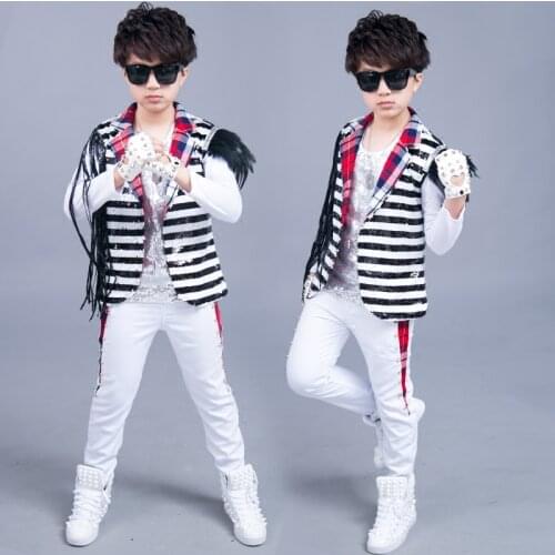 Hip Hop Dance Clothes For Boys Stage Costume Feather Fringe Sequined Jacket Vest Suit Kids Jazz Performance Outfit Rave DNV14459