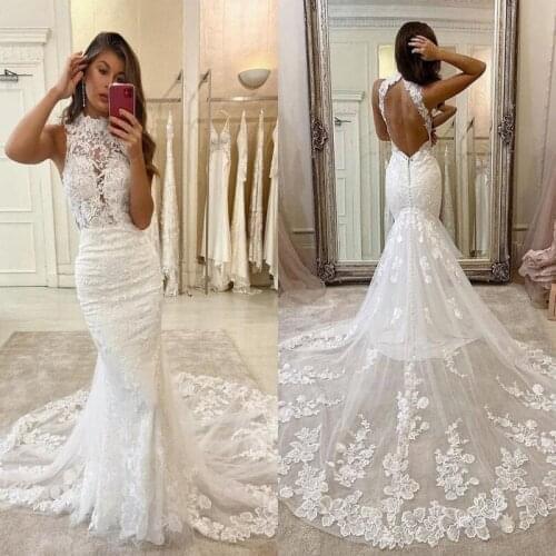 Illusion O-Neck Lace Mermaid Wedding Dress 2020 Sleeveless Backless Bridal Gowns Vestido de Novia Plus Size Wedding Dress Robe