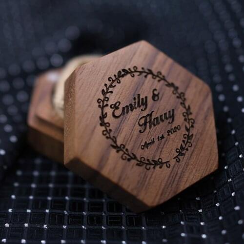 Customized Hexagonal Antique Wood Wedding Ring Box Personalized Engraving Name and Date Wedding Proposal Gift