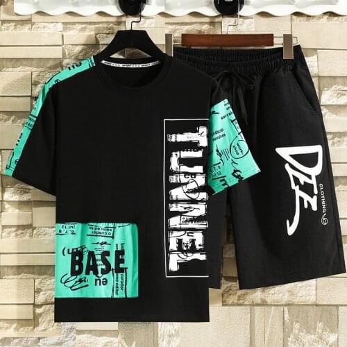 Casual Top Shorts Men 2 Piece Suit Sets Summer New Harajuku Short Sleeve T-shirt+Knee-Length Pants Tracksuit Sportwear Clothing