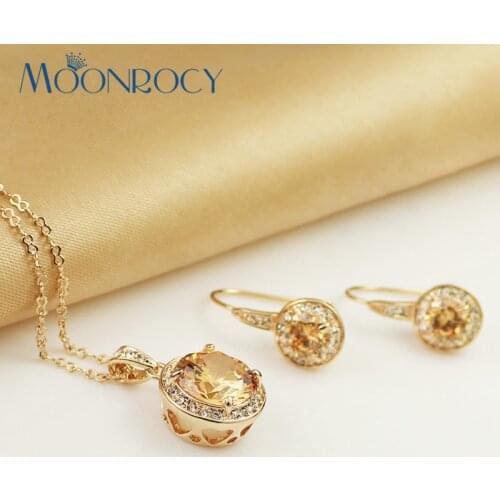 MOONROCY Rose Gold Color Yellow Crystal Jewelry Set Necklace and Earring for women Gift Drop Shipping Jewelry wholesale