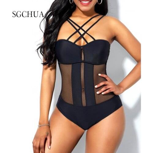 Solid black Mesh Sexy Large Size One Piece Swimsuit Bandage Push Up For Women Beach Bathing Suits Cut Out Plus Size S-XL