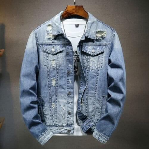 Mens Fashion Slim Denim Jacket Hole Ripped Washed Gradient Spring Autumn Coat Male Motorcycle Hip-hop Youth Streetwear