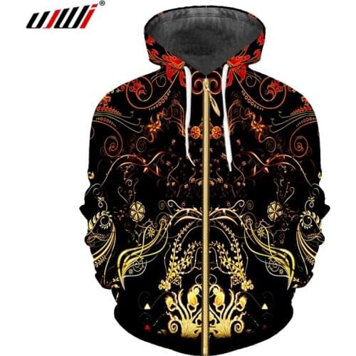 UJWI Mens New Black Long Sleeve Coat 3D Print Yellow Flowers And Leaves Streetwear Plus Size 5XL Spring Man Vine Zip Hoodies
