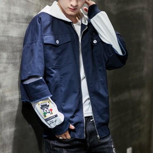 Japanese streetwear vintage hooded hip hop fake 2 piece suit bomber jackets men loose casual warm coats sportswear windbreaker