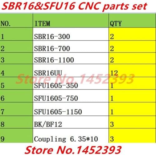 Linear guide and Ballscrew set: SBR16-300/700/1100mm+3 ballscrews SFU1605-350/750/1150mm + BK12 BF12 +3 couplings