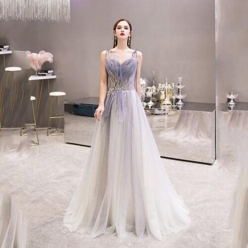 New Purple Spaghetti Strap Backless Evening Dresses 2021 Elegant Long A-line Tulle Formal Prom Party Dress