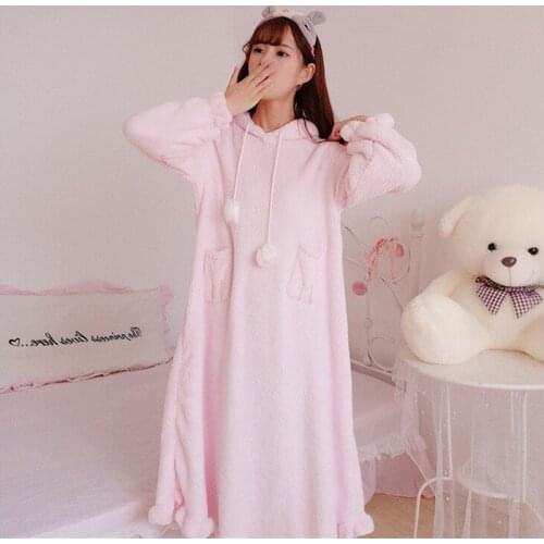 New Winter Women Long Hooded Nightgowns Warm Thicken Coral Fleece Nightgowns Female Princess Velvet Sleepshirts Nightdress A1704