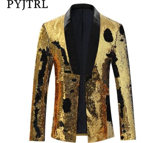 PYJTRL Tide Men Two-color Gold Black Blue Sequins Blazer Stage Singers Night Club Party Suit Jacket Mens Shiny Paillette Blazers