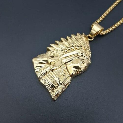 Hip Hop Gold Color Stainless Steel Feather Indians Pendants Necklaces for Men Rapper Jewelry Drop Shipping