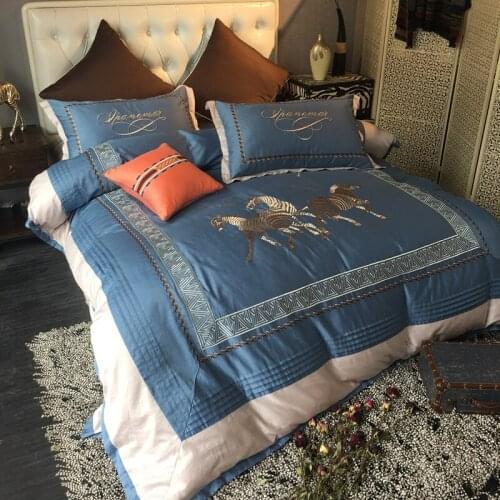 Blue Horse Animal luxury Embroidery Royal Bedding set King Queen Egyptian Cotton Bed set Duvet cover bed sheet Pillowcase 4/6pcs