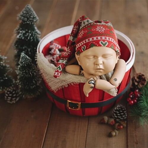 Xmas Red Wooded Basket Newborn Photography Props Baby Boy Girl Christmas Photo Shoot Studio Posing Basket fotoshooting Accessory